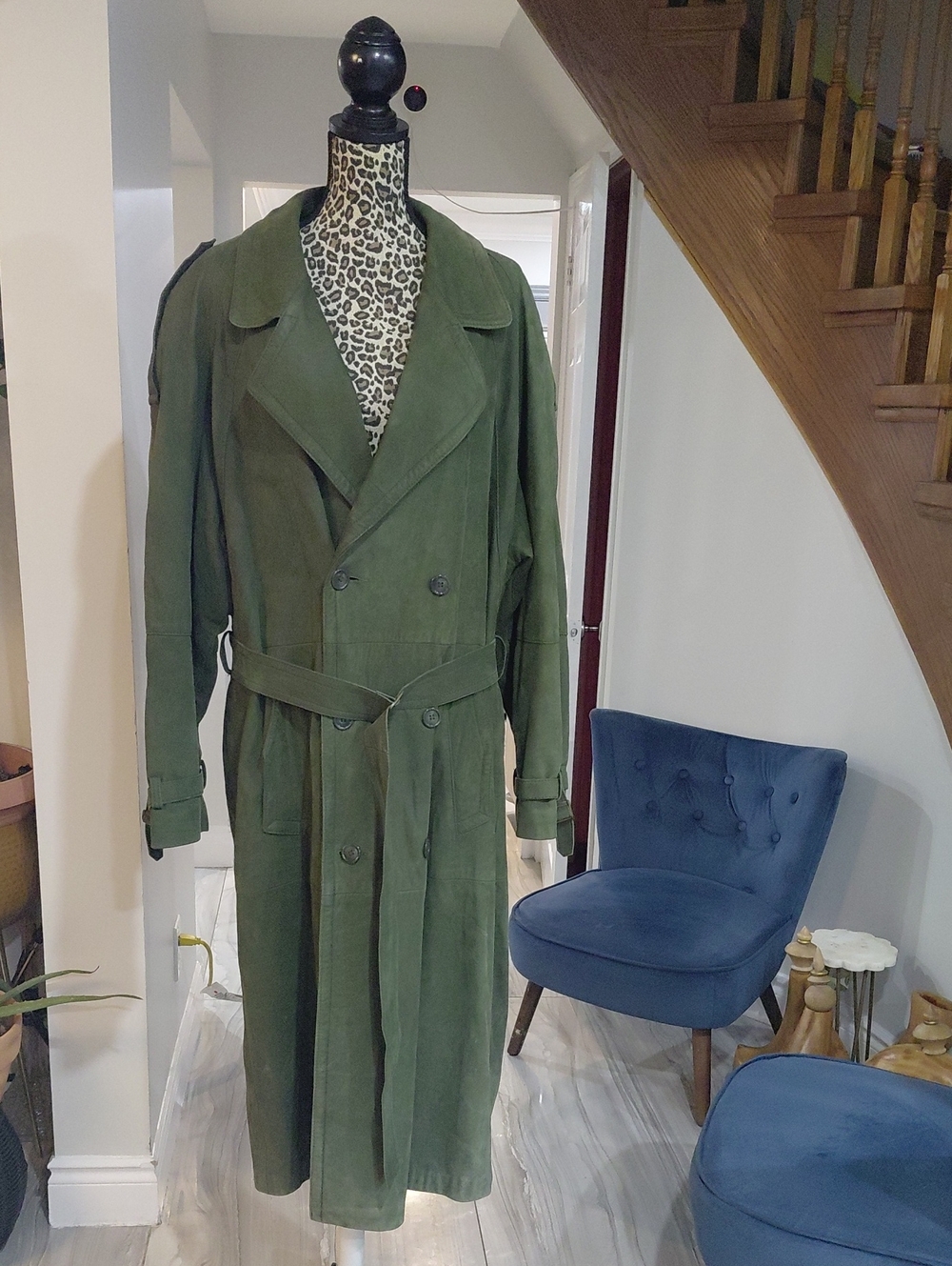 Genuine Leather Olive Green Double-Breasted Trench Coat - Classic Men’s Overcoat